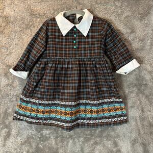 Vintage Brown Plaid Dress Penn Prest JC Penney Co 60s 70s Collar Embroider
